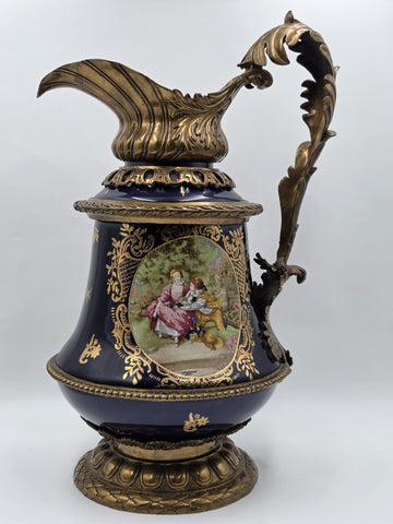 Antique French Cobalt Blue Porcelain &Brass Ewer Fragonard Scene Gilt Bronze 23"