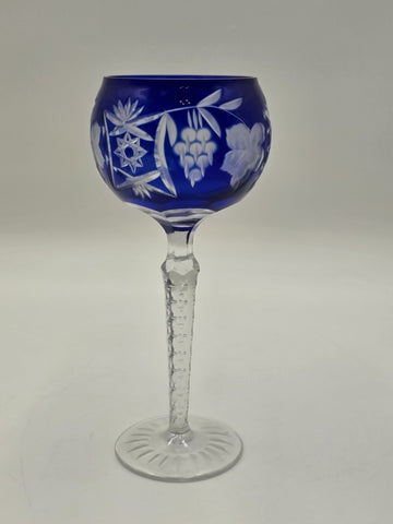 Nachtmann Saphire Blue Lead Crystal Wine Glass Grapes Floral Cut 8.5" Stemware