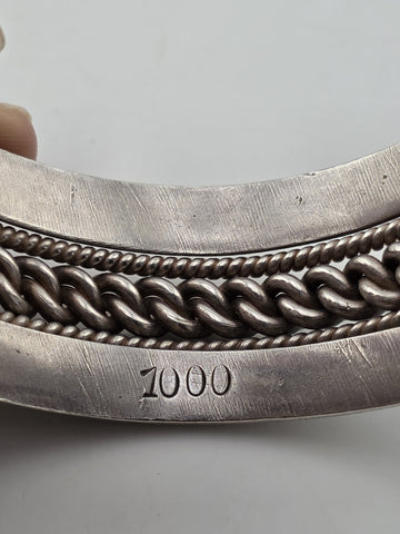 Heavy Native American Triple Beaded Silver 0.999  Cuff Bracelet 92g Navajo Style