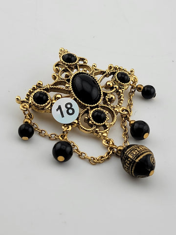VTG 1928 BROOCH VICTORIAN REVIVAL BLACK GLASS BEAD DANGLE OPENWORK GOLDTONE PIN