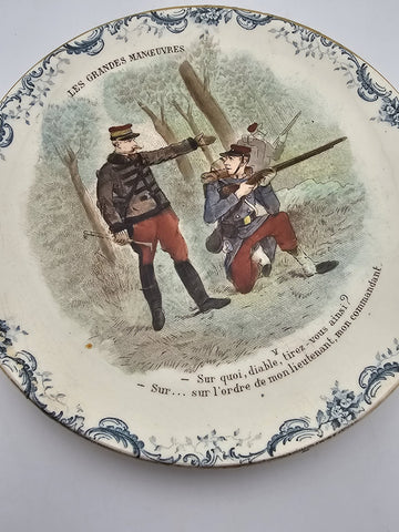 Set Of 6 ANTIQUE FRENCH TERRE DE FER PORCELAIN MILITARY PLATES. 7.5 Inch.