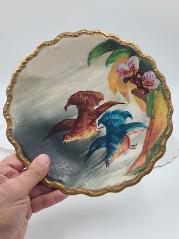 SET OF 3 ANTIQUE LIMOGES FRANCE LRL HAND PAINTED BIRDS CABINET PLATE SIGNED