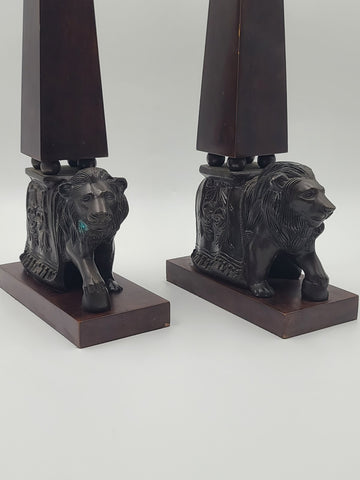 Rare 21" Wildwood Accents Bronze Lion Wood Obelisk Bookends Pair Neoclassical