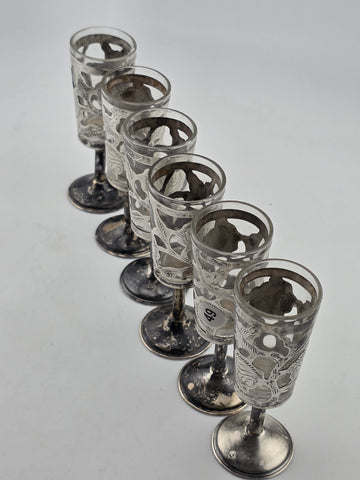 SET Of 6 MID-CENTURY MEXICO STERLING SILVER 3.5" PIERCED CORDIALS, GLASS LINERS