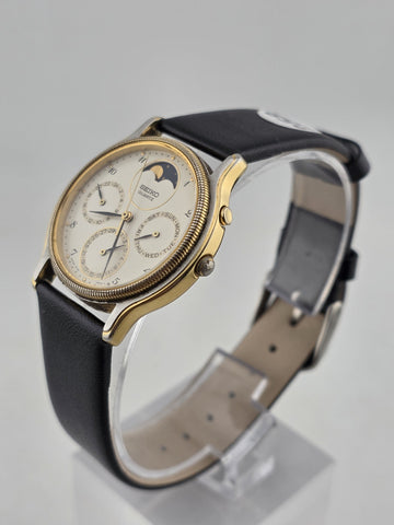 Vtg Seiko Chronograph Moon Phase White Dial Watch – 7F39-6029. Japan 1989 Works