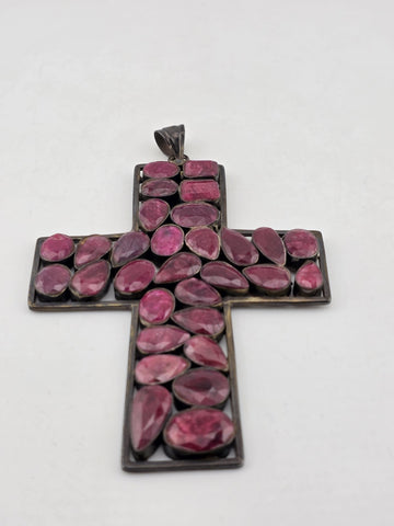 Antique Very Large Sterling Silver Garnet Cross Pendant W Purple Agate Stone.