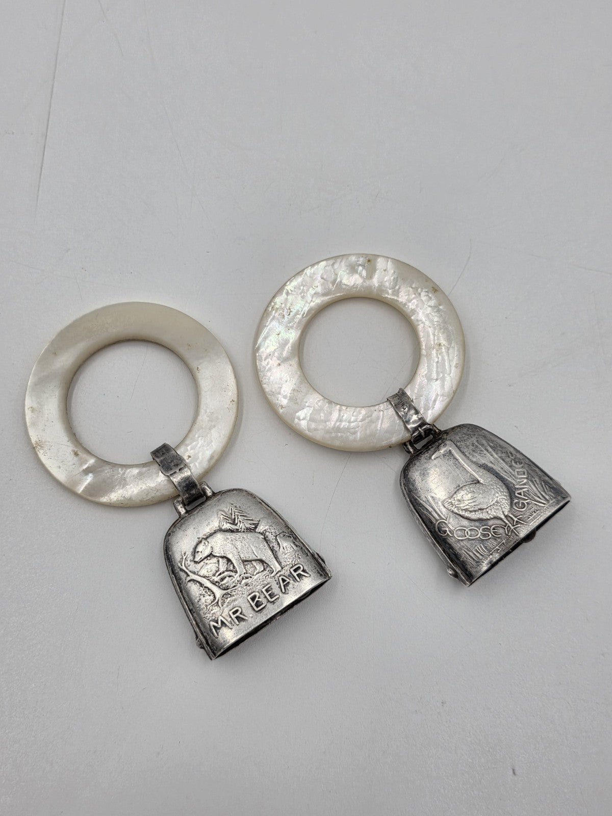 Pair Antique Sterling Silver Mother Of Pearl Baby Teething Rattles Mr Bear Goose