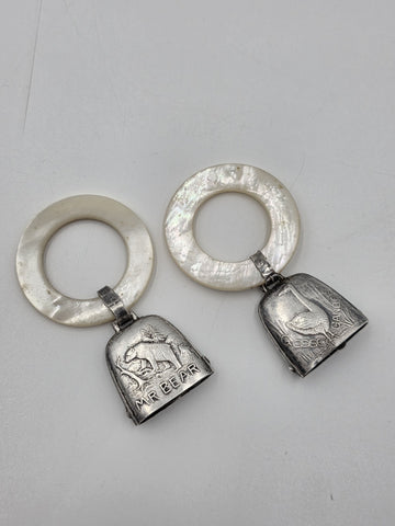 Pair Antique Sterling Silver Mother Of Pearl Baby Teething Rattles Mr Bear Goose