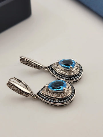 Gorgeous Set Of Natural Blue Topaz & Natural Cut Diamonds Earings W Certificate