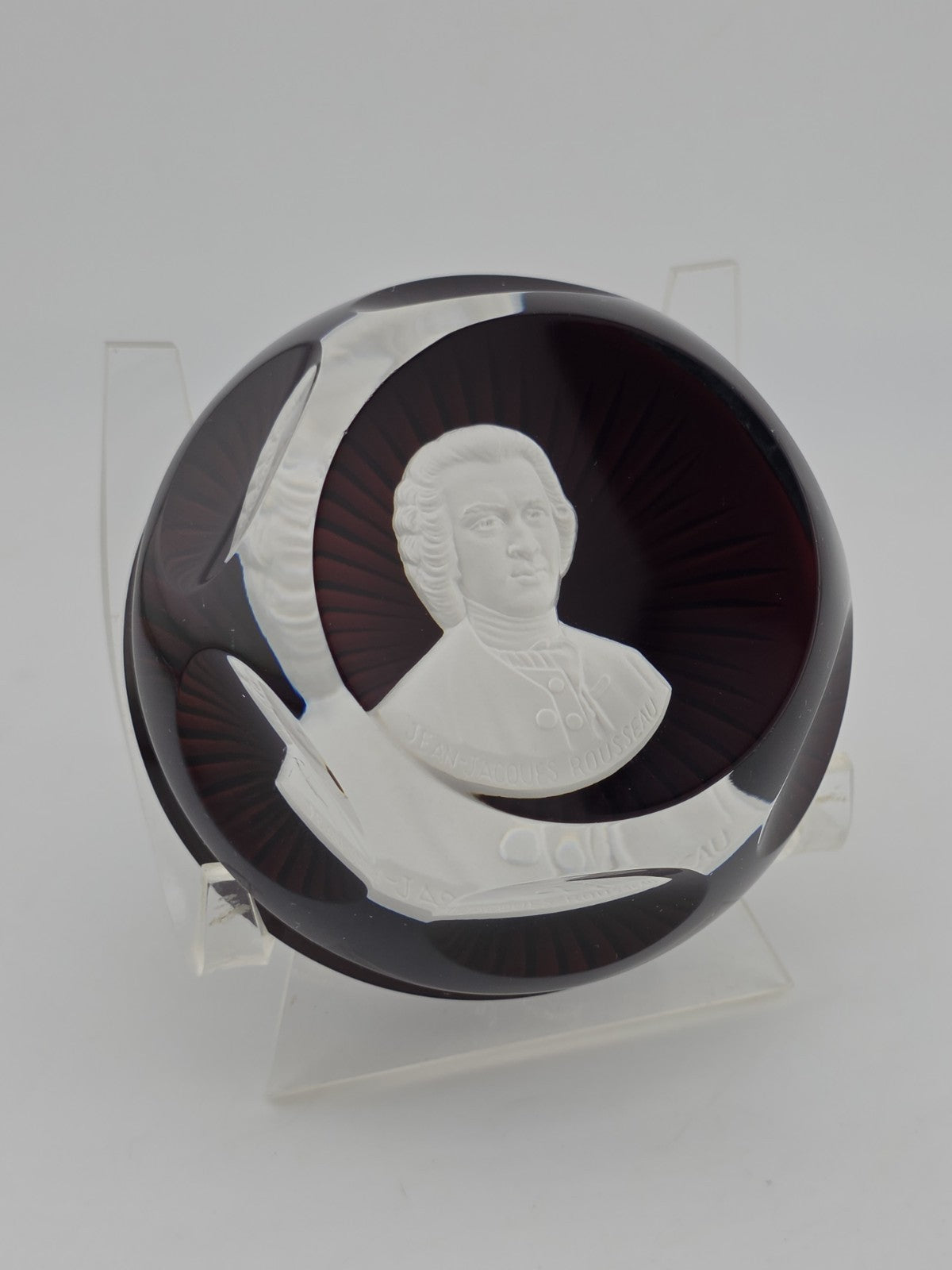 Vintage 1976 Baccarat Glass Sulphide Paperweight JEAN-JACQUES ROUSSEAU. Signed.