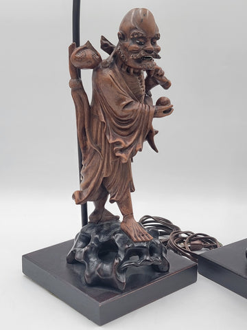 Pair Of Antique C 1910's Chinese Handcarved Boxwood Statues Made Into Lampshades