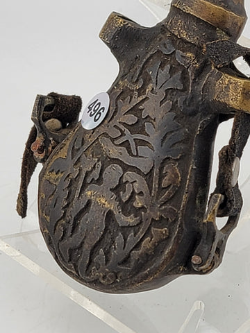 Rare 17-18th Century Heavy Bronze Powder Flask With Original Plug & Ring Hooks