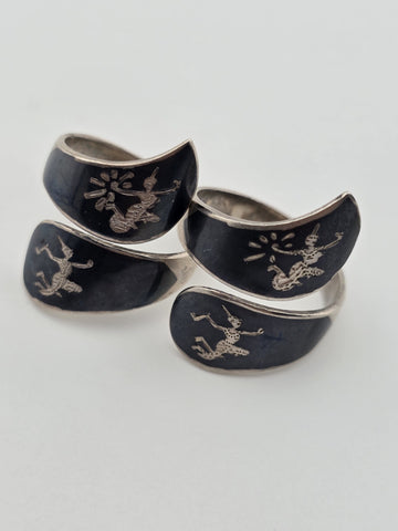 Rare Antique 1940s Siam Sterling Silver Niello Jewelry His And Hers Complete Set