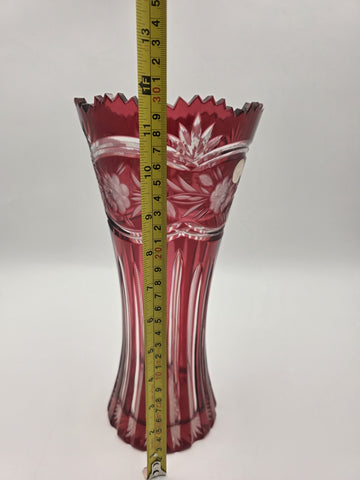 Vtg Bohemian Czech Ruby Cut To Clear Crystal Vase, Large and Heavy Crystal Vase