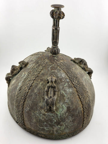 Early 20th C Luba Congo Bronze Ritual Vessel Lid w/ Figures African Tribal Art