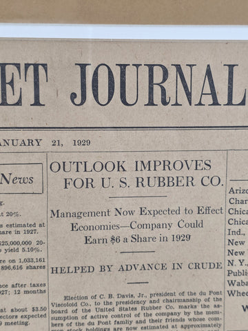 1929 Wall Street Journal Framed Newspaper Front Page Pre-Crash Financial Era