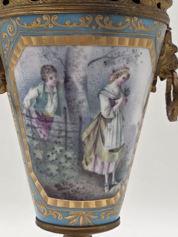 Antique 19th C Louis XV Style Sevres Porcelain Vase W Gold Gilt Ormolu Mounts.