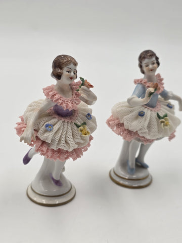 Vintage Dresden Style Porcelain Lace Ballerina Dancer Figurines Pair German 4"