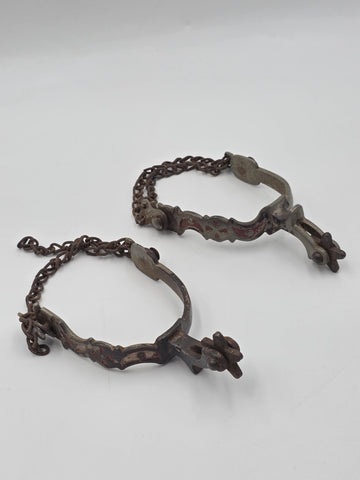 Antique Western Cowboy Spurs Pair Hand Engraved Red Inlay Steel w/ Chains