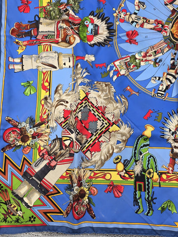 Rare Hermes Kachinas Scarf 90cm Silk Twill Hopi Design Blue Multicolor W Box.