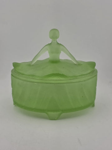 Antique Victorian Lady Uranium Vaseline Glass Trinket Powder Jar Box With Lid