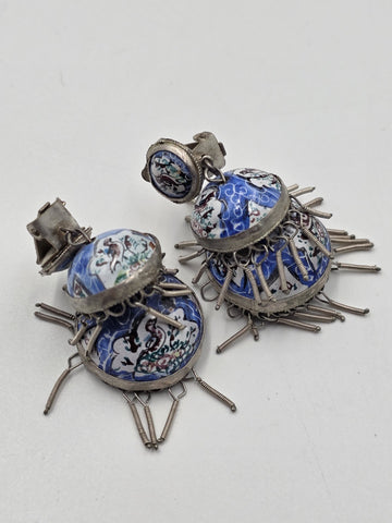 Rare Antique Hand Painted Filigree Silver Lantern Chandelier Dangling Earrings.