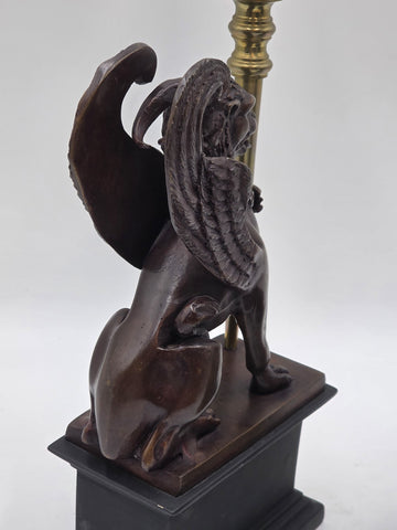 Rare Pair of Antique Late 19th C Heavy Bronze Griffin bookends/ Candleholders.