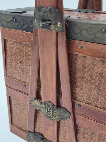 Antique Japanese Meiji Bamboo Picnic Basket Bento Box Woven Basket Complete Case