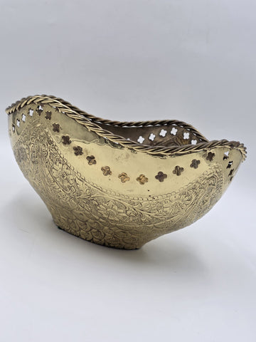 Large Antique Hand Hammered Brass Pierced Floral Bowl Jardiniere Rope Rim