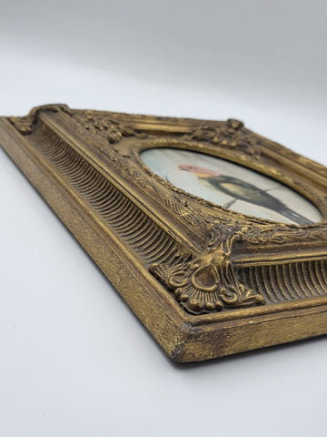 Antique Gilt Baroque Style Wood Framed Bird Painting On Wooden Oval Panel Decor.