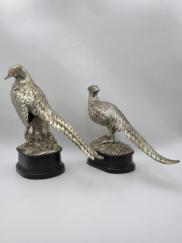 Vintage Pair XL Castilian Brass Pheasant Sculptures Cock Hen on Base 14 inch.