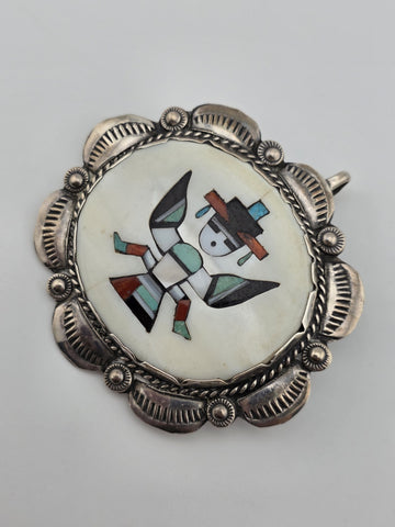 Vtg Zuni Native Kachina Turquoise Coral Inlay Sterling Silver Pin Brooch Pendant