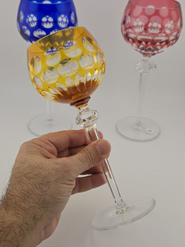 Rare Set Of 3 Vintage Barthmann Leaded Crystal Wine Cut-to-Clear Glasses.