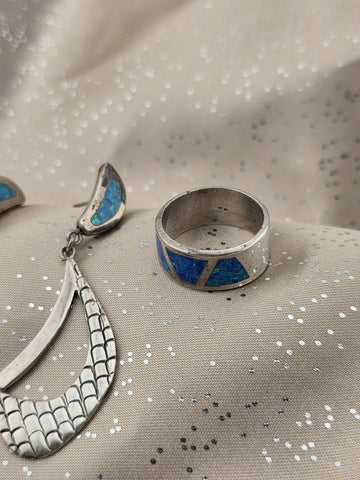Cardenas Taxco Mexico 925 Sterling Silver Blue Opal Inlay Ring & Earrings Set
