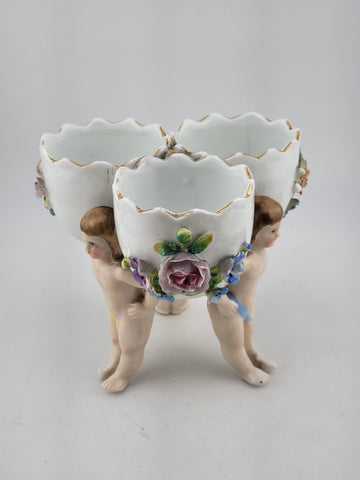 Antique Dresden Germany Porcelain Floral 3 Little Bowls w Figural Cherub Putti.