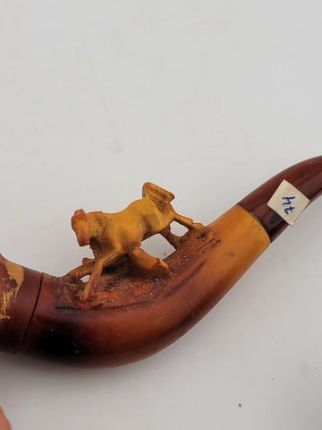 Antique 19th C ECHT German Meerschaum & Amber Pipe Horse Theme W Original Case.