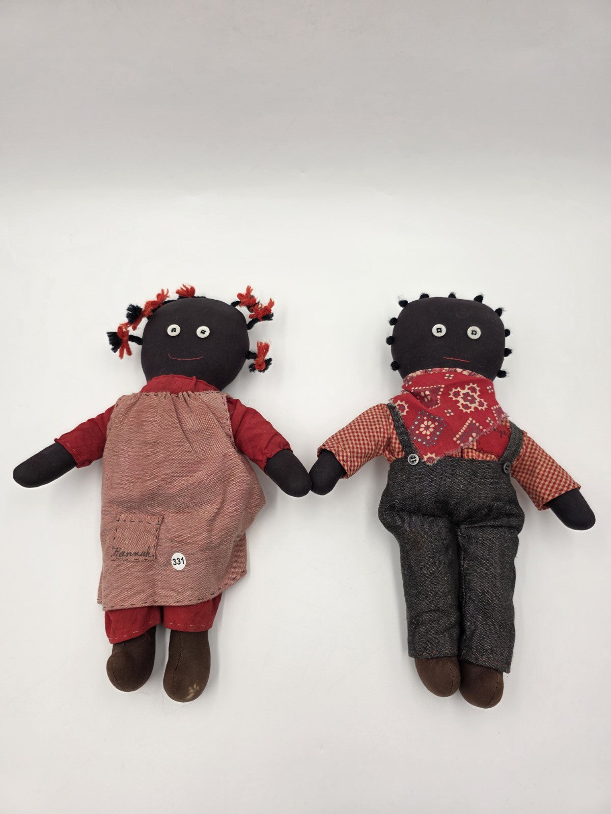 Antique Hannah & George Primitive Folk Art Rag Dolls Signed Handmade 13” Couple