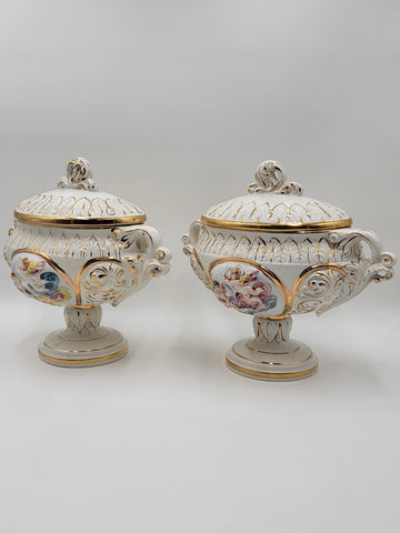 Set Of 2 Keramos Capodimonte Italy Cherub Centerpiece Vase Lidded Pedestal Bowls