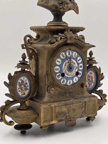 Private: 19th Century Brass & Porcelain Mantel Clock w Eight Day Movement. Works