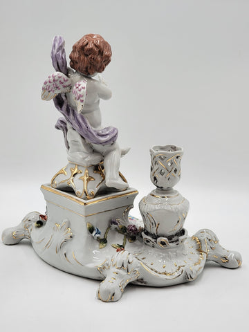 Rare Antique 19th C Porcelain Candle Holder Stand W Cherub & Flowers. Stamped.