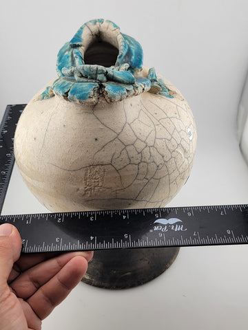 Rare Unique One Of A Kind Vintage Crackled Style Ceramic Vase W 2 Openings.