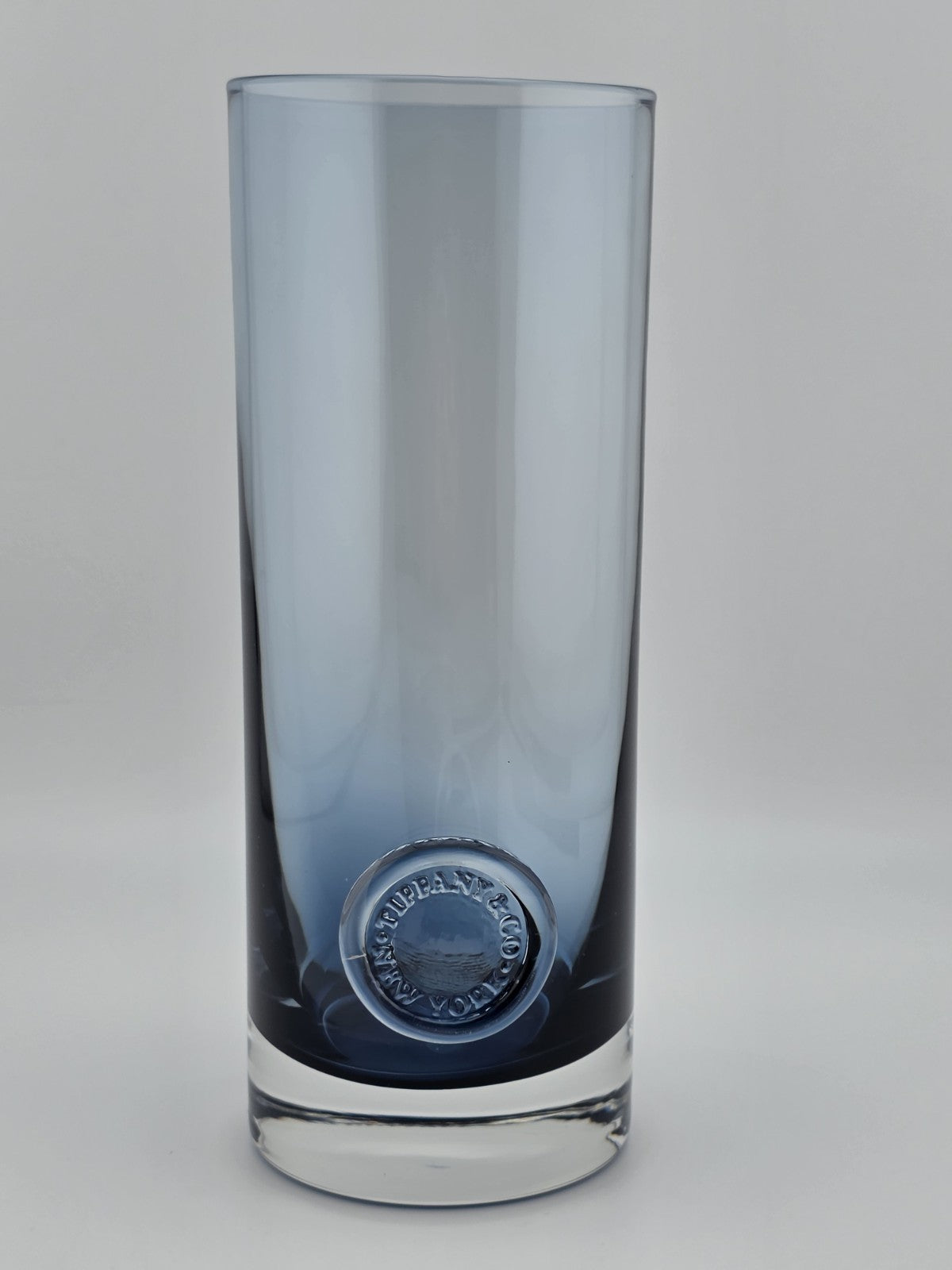 Rare Tiffany & Co Blue Lead Crystal Cylinder Vase England Applied Medallion 8"