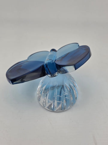 Vintage Waterford Crystal Blue Butterfly Figurine: Ribbed Pedestal Paperweight