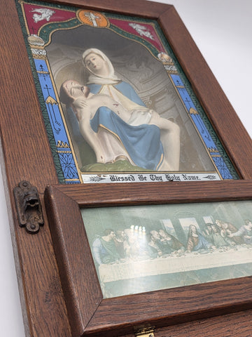 Large Antique C 1920 Catholic Sick Call Last Rites 3D Shadow Box W Accessories.