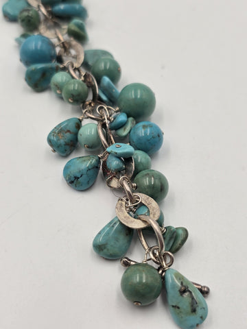 Vtg Sterling Silver 925 Turquoise Cluster Charm Bracelet Artisan Southwest 8"