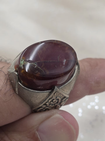 Antique Persian 925 Sterling Silver Dark Red Carnelian Agate Mens Ring Floral.