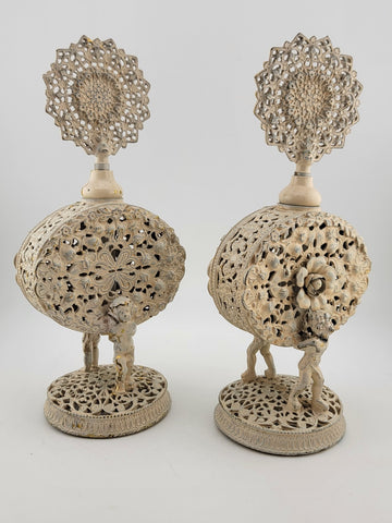 Antique Pair Of White & Gold Tone Metal Glass Hibiscus Filigree Perfume Decanter