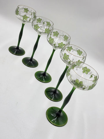 Set Of 5 Theresienthal Enameled Hock Stemware Wine Glass W Grapes & Leaves C1920