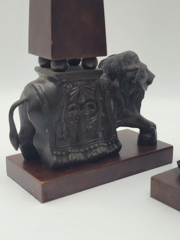 Rare 21" Wildwood Accents Bronze Lion Wood Obelisk Bookends Pair Neoclassical