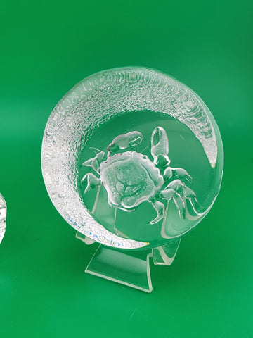 Rare Set Of 2 Mats Jonasson Owl And Crab MJ Sweden Art Glass Paperweights